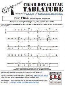 Fur Elise by Ludwig von Beethoven 3-string Cigar Box Guitar Tablature PDF