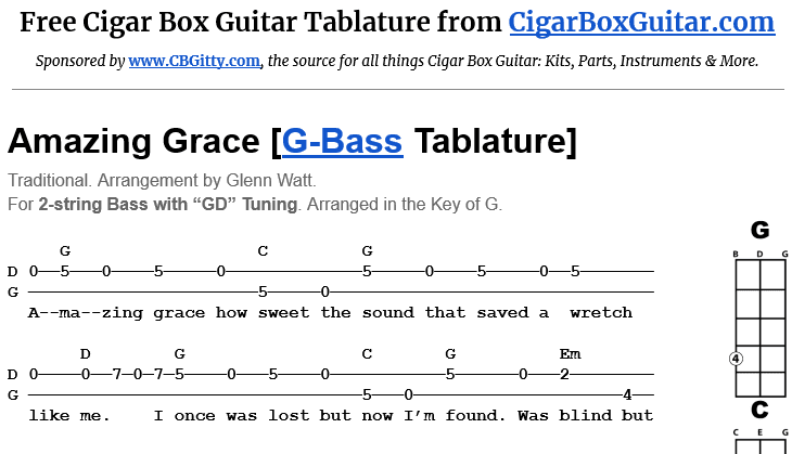 Amazing Grace 2-String G-Bass Tablature