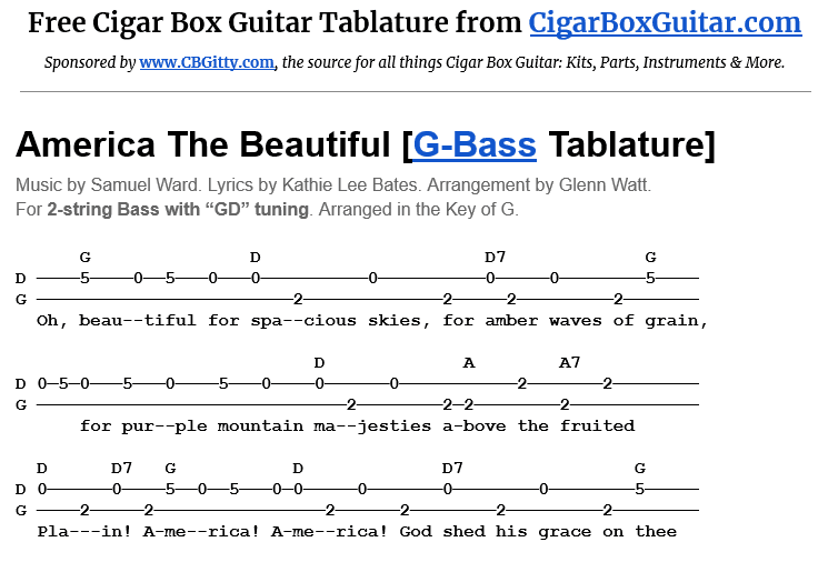 America The Beautiful 2-String G-Bass Tablature