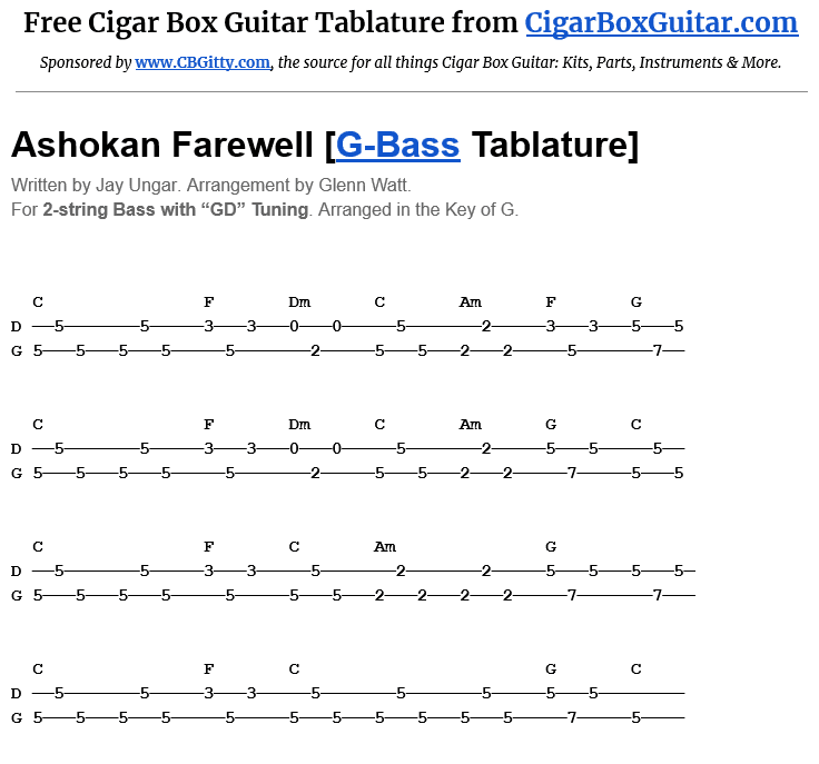 Ashokan Farewell 2-String G-Bass Tablature