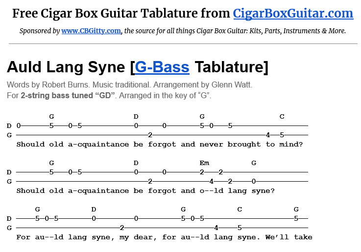 Auld Lang Syne 2-String G-Bass Tablature