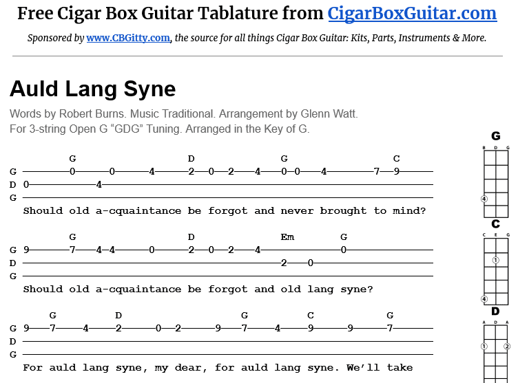 3-string cigar box guitar tablature for Auld Lang Syne