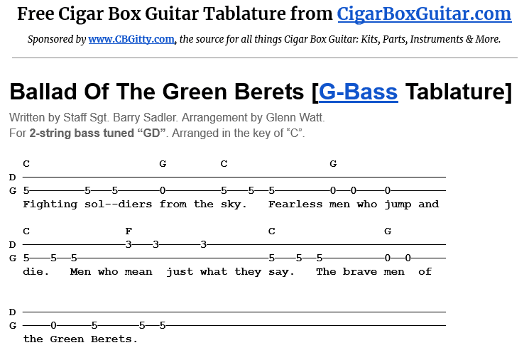 Ballad Of The Green Berets 2-String G-Bass Tablature