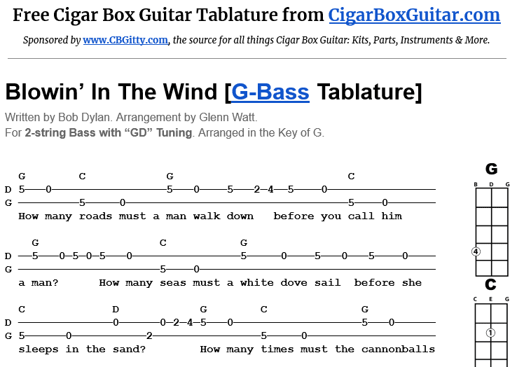 Blowin' In The Wind 2-String G-Bass Tablature