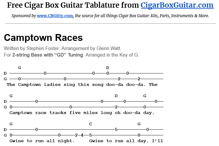 Camptown Races 2-String G-Bass Tablature