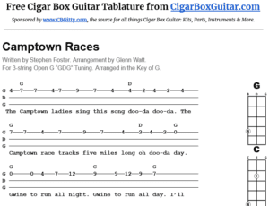 Camptown Races 3-String Cigar Box Guitar Tablature