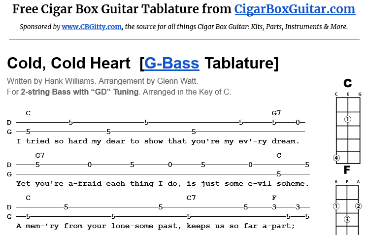 Cold, Cold Heart 2-String G-bass Tablature