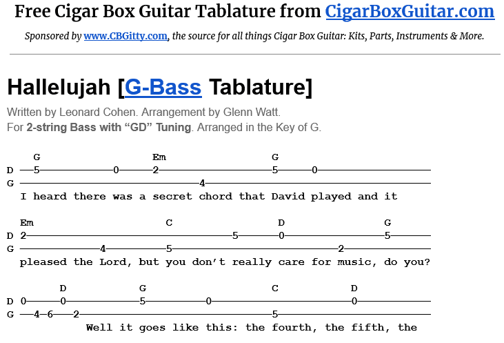 Hallelujah 2-String G-Bass Tablature