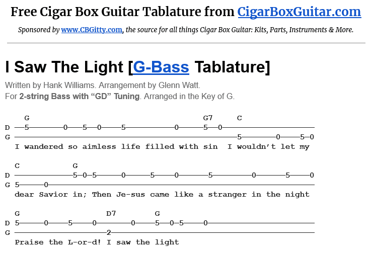 I Saw The Light 2-String G-Bass Tablature