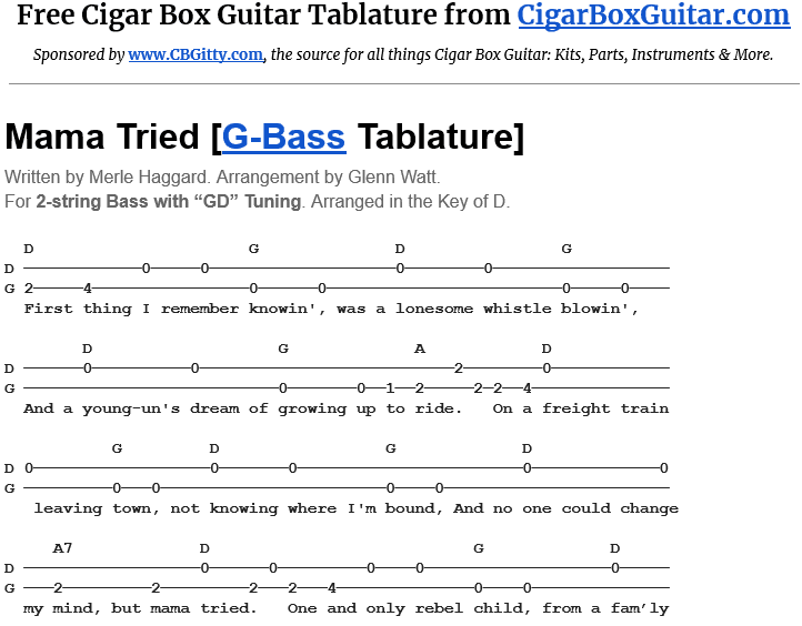 Mama Tried 2-String Bass Tablature