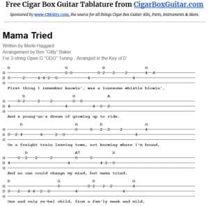 Mama Tried 3-string cigar box guitar tablature