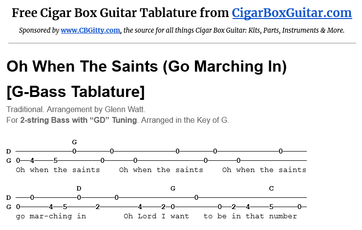 Oh When The Saints (Go Marching In) 2-String G-bass Tablature