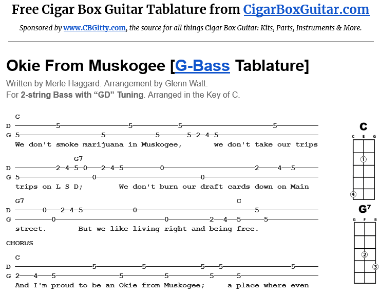 Okie From Muskogee 2-String Bass Tablature