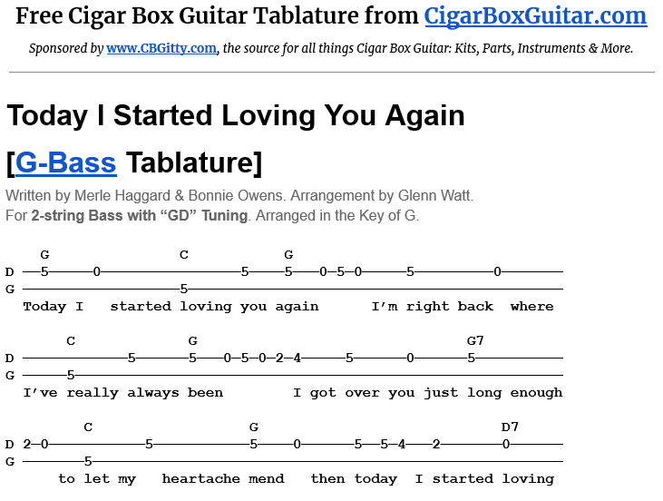 Today I Started Loving You Again 2-String G-Bass Tablature