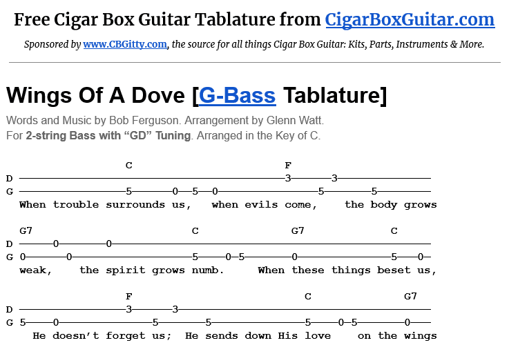 Wings Of A Dove 2-String G-Bass Tablature