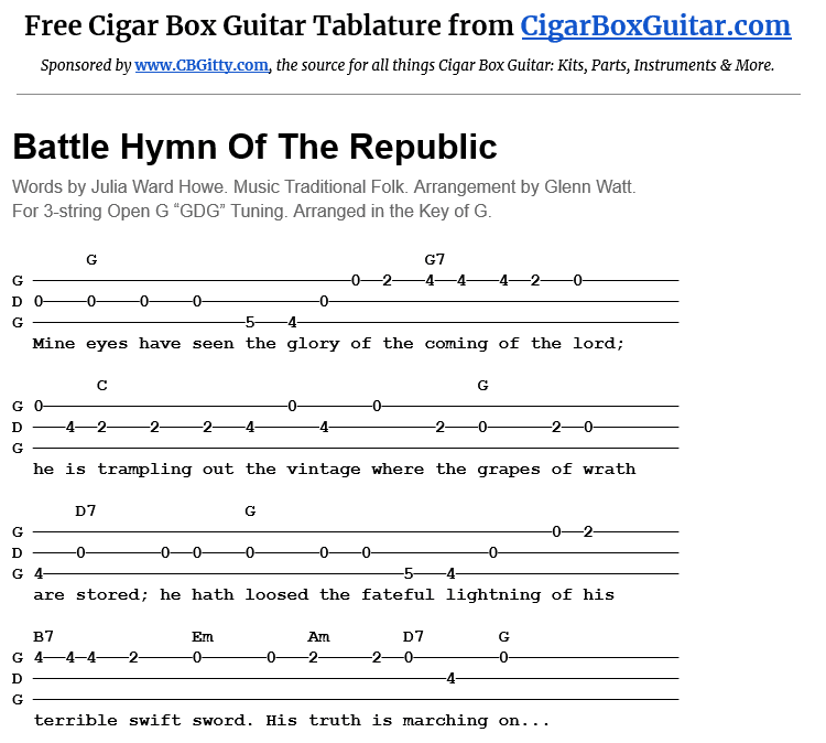 Battle Hymn Of The Republic 3-string cigar box guitar tablature