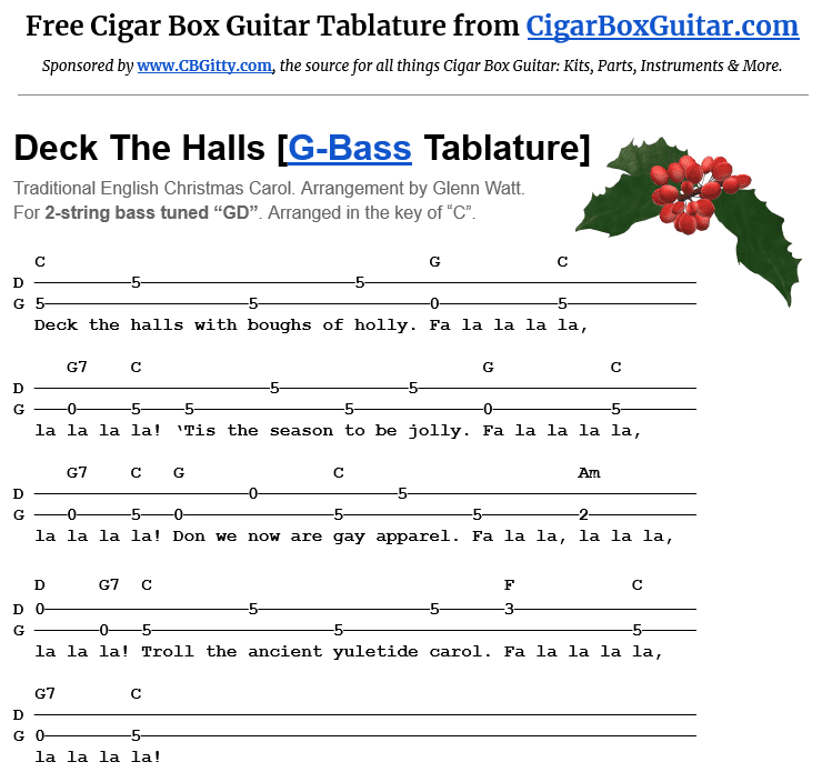 Deck The Halls 2-String G-Bass Tablature