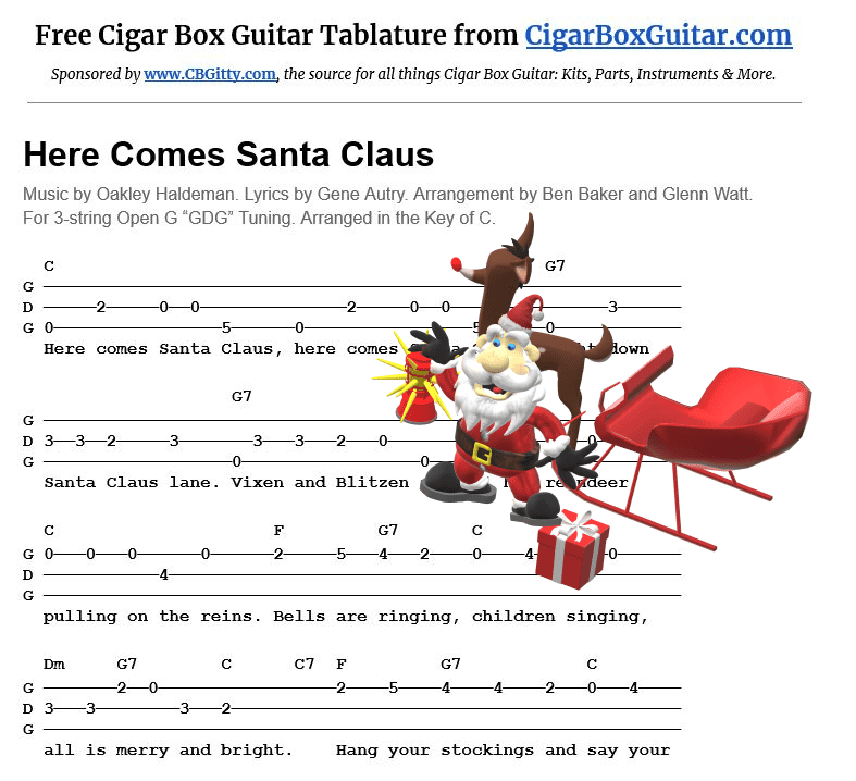 Here Comes Santa Claus 3-string cigar box guitar tablature