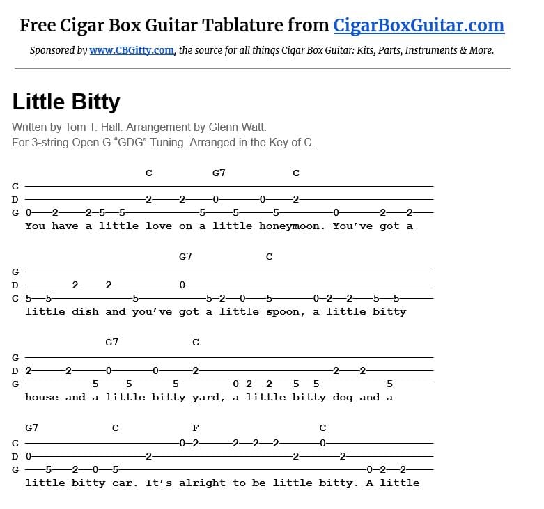 Little Bitty 3-string cigar box guitar tablature