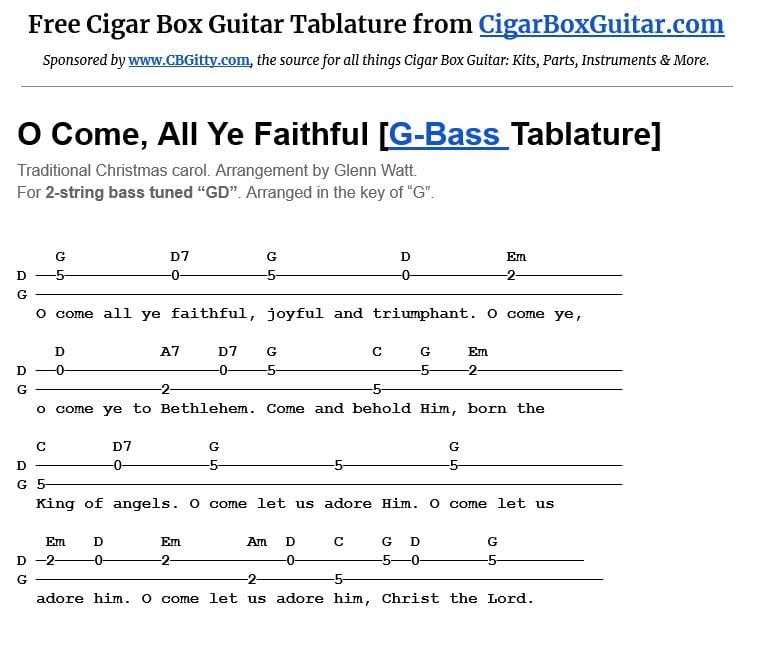 O Come All Ye Faithful 2-string G-Bass tablature image