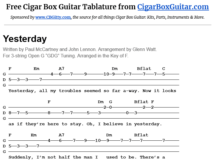 Yesterday 3-String Cigar Box Guitar Tablature