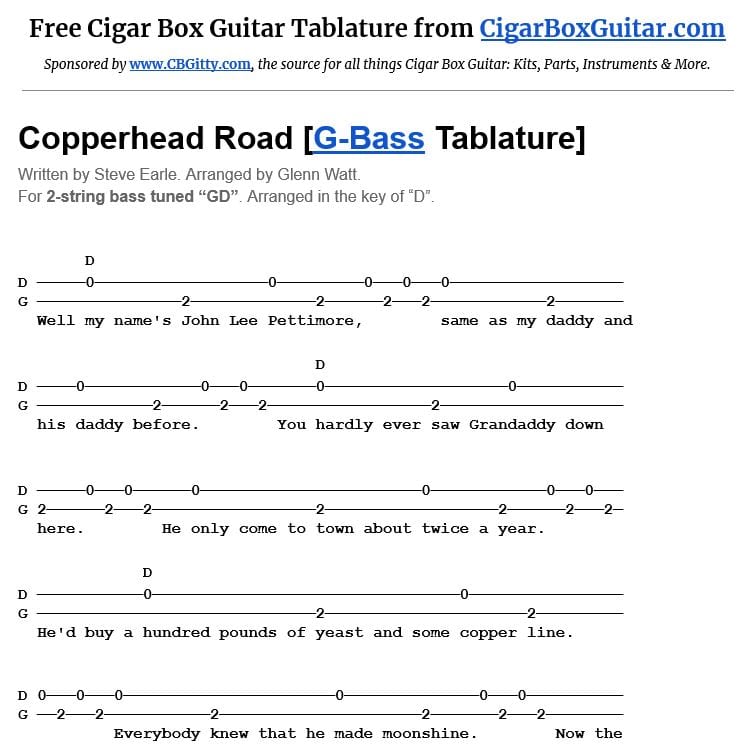 Copperhead Road 2-string G-Bass tablature