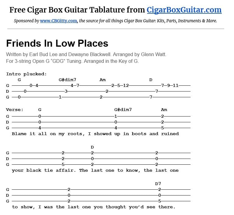 Friends In Low Places 3-string cigar box guitar tablature