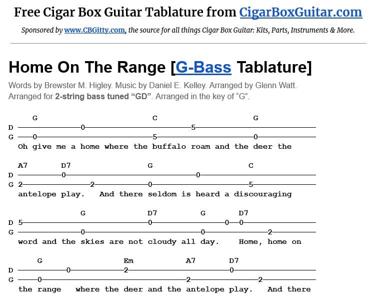 Home On The Range 2-string G-Bass tablature