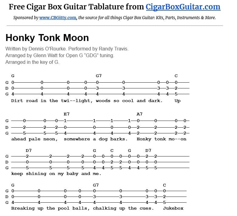 Honky Tonk Moon 3-string cigar box guitar tablature