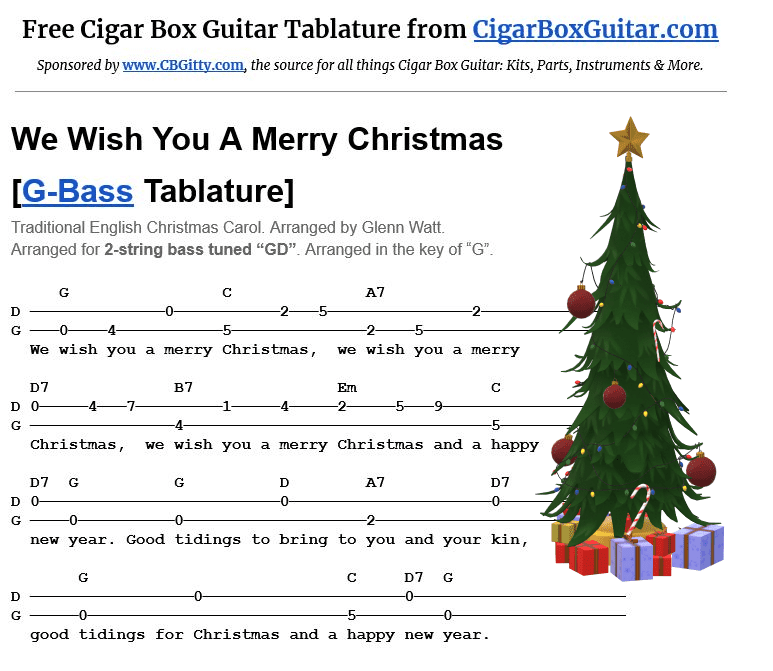 We Wish You A Merry Christmas 2-string G-Bass tablature by C. B. Gitty Crafter Supply