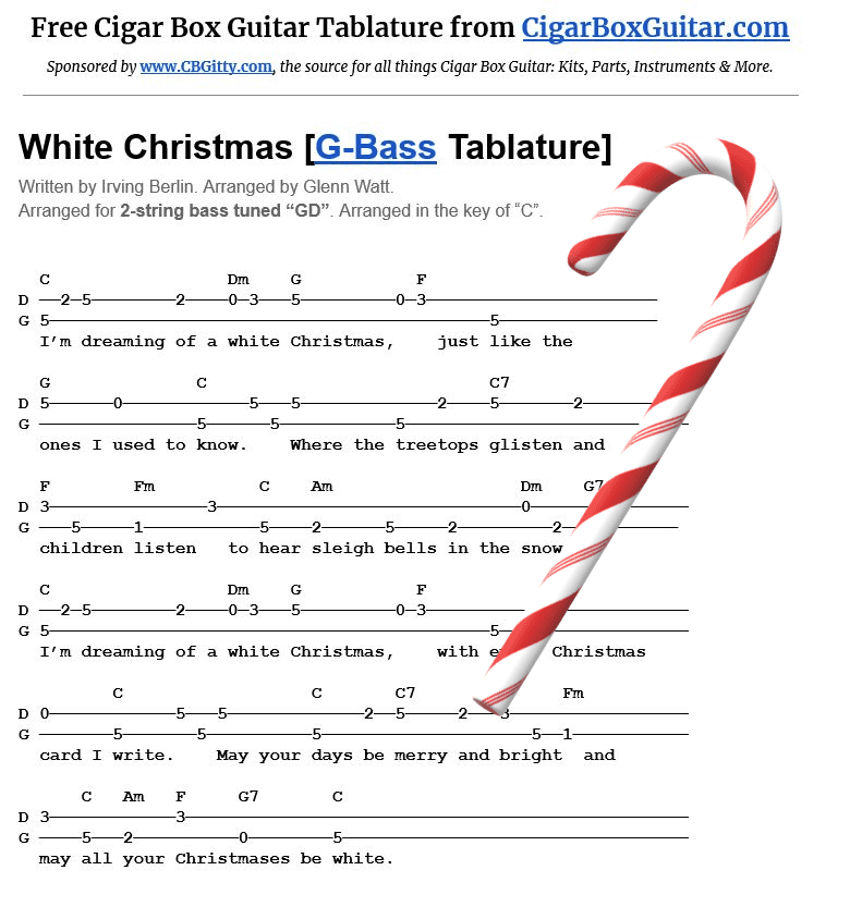 White Christmas 2-string G-Bass tablature by C. B. Gitty Crafter Supply