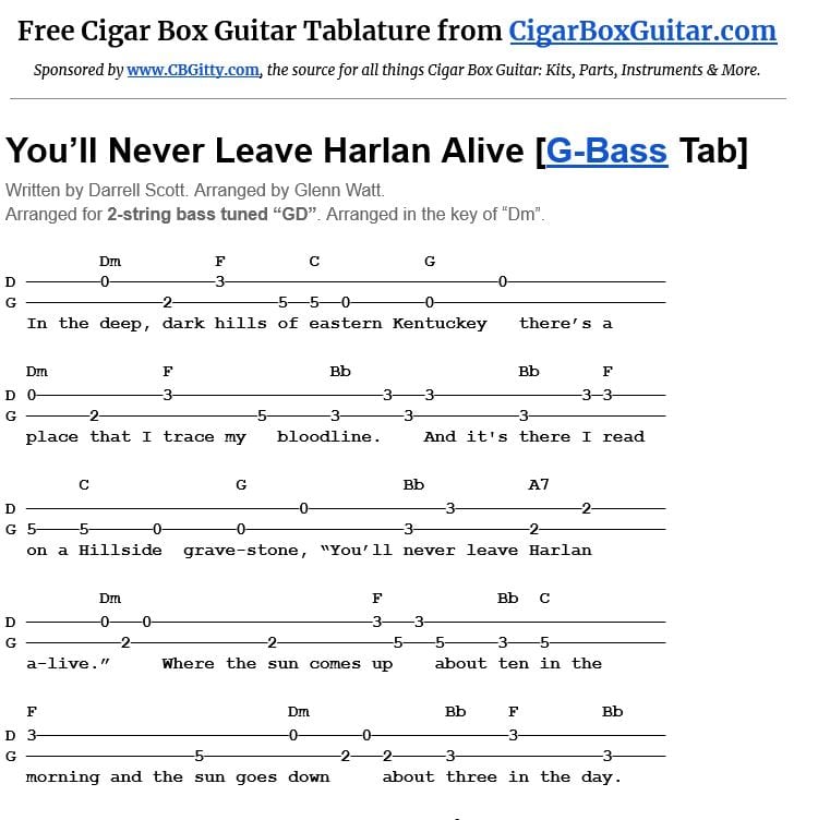 You'll Never Leave Harlan Alive 2-string G-Bass tablature