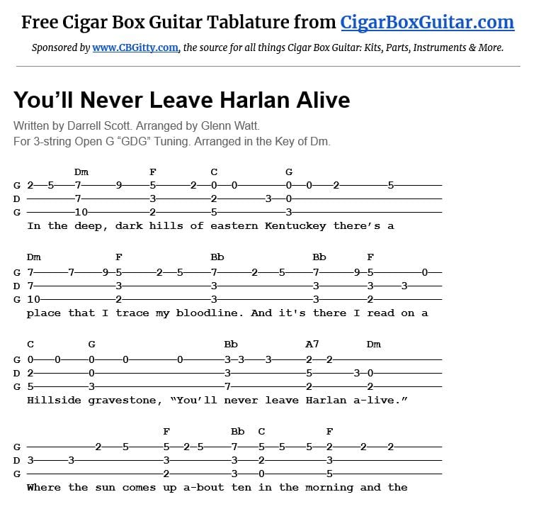 You'll Never Leave Harlan Alive 3-string cigar box guitar tablature