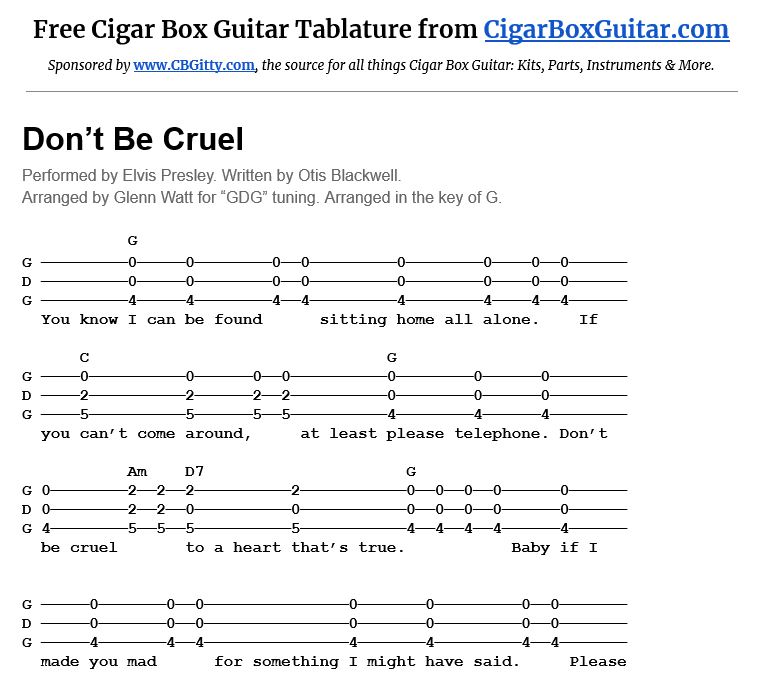 Screen capture of Don't Be Cruel 3-string cigar box guitar tablature