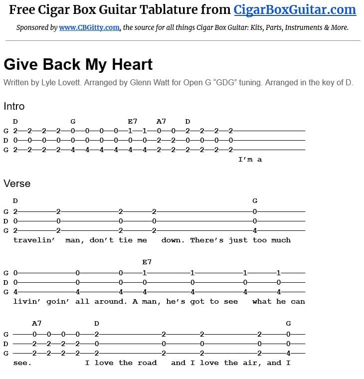 Give Back My Heart 3-string cigar box guitar tablature