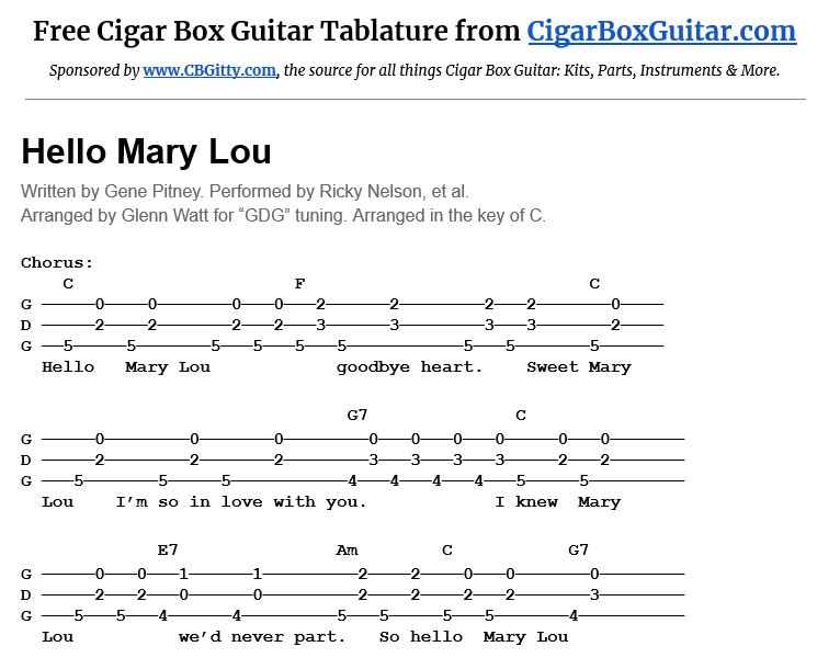 Hello Mary Lou 3-string cigar box guitar tablature 