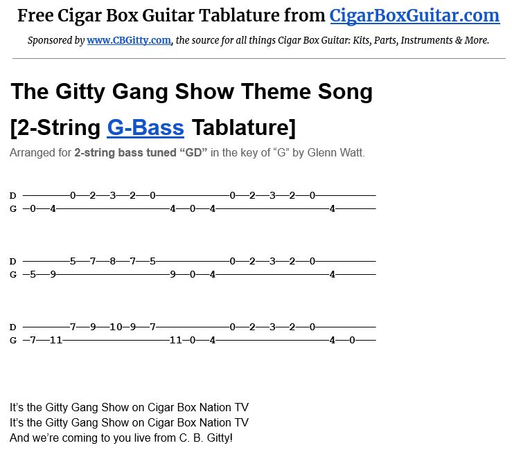 The Gitty Gang Show Theme Song 2-String G-Bass Tablature Image