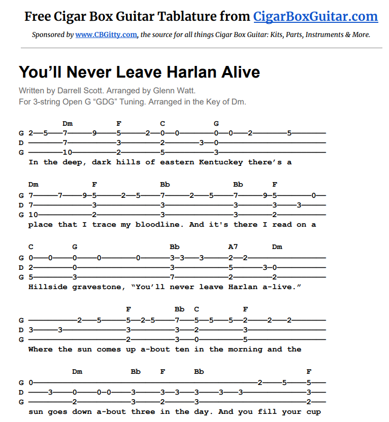 [FREE TAB] You’ll Never Leave Harlan Alive – 2 & 3 string cigar box guitars